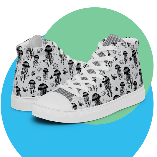 Black and White Jellyfish | Men's High Top Canvas Shoes